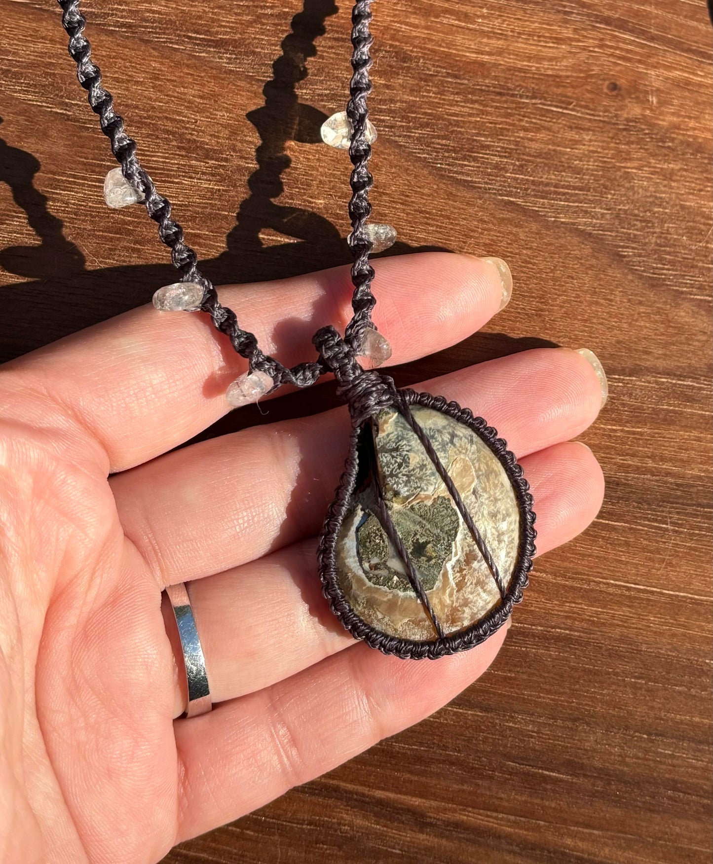 M24110-Macrame Ammonite Fossil pendant, handmade necklace with Ammonite Fossil