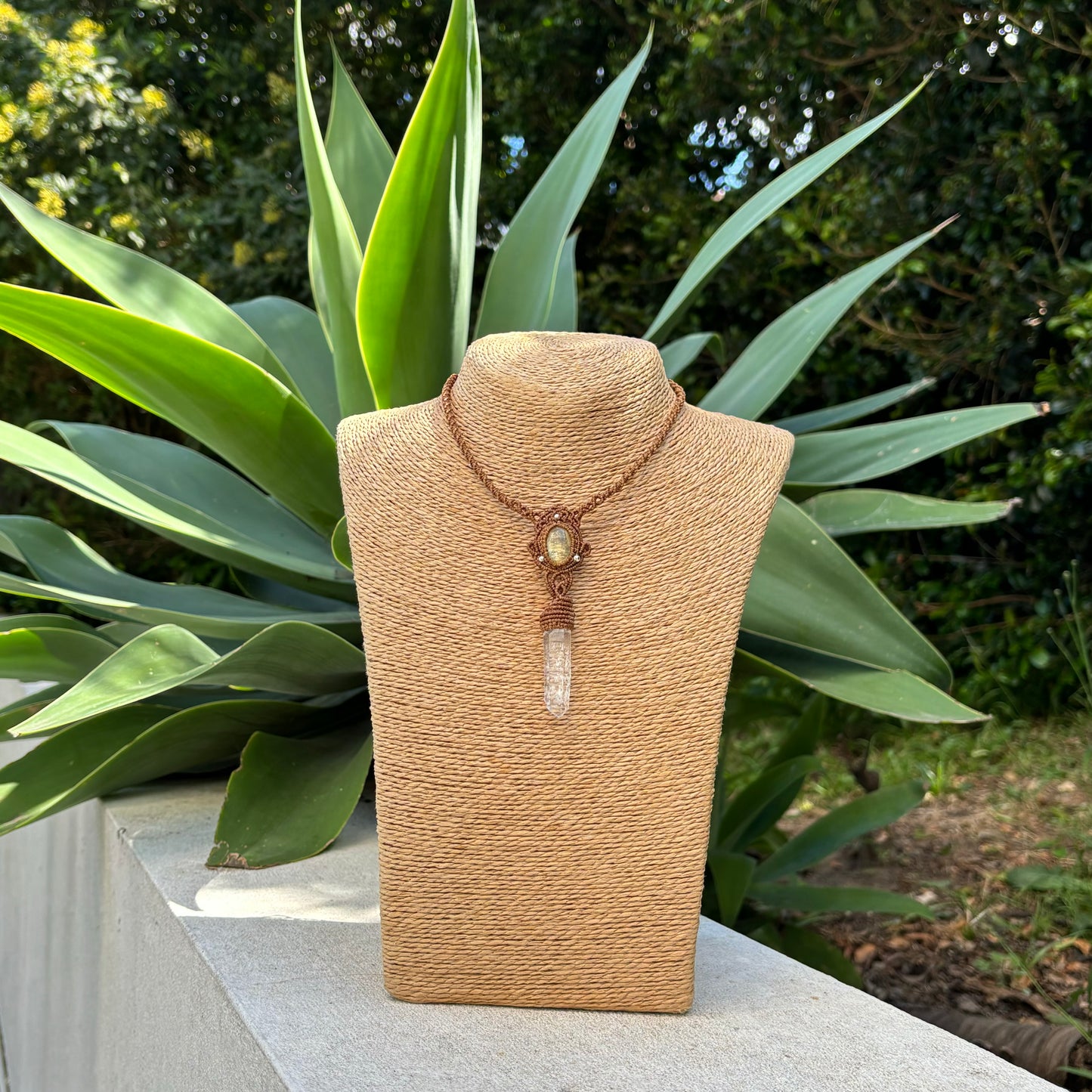 M24115 - Macrame golden lepidorite and lemurian quartz point pendant