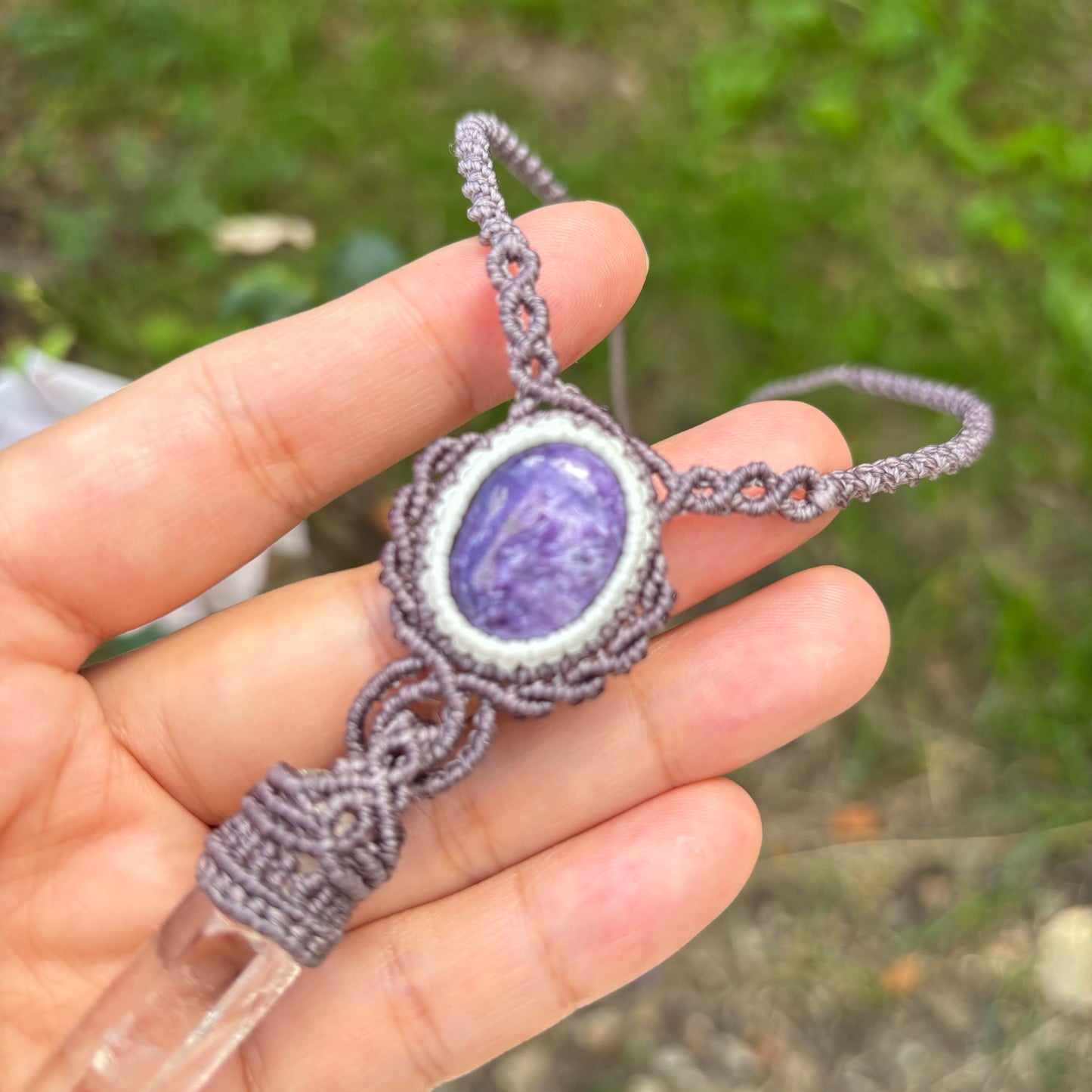 M24113-Macrame charoite and lemurian quartz point pendant