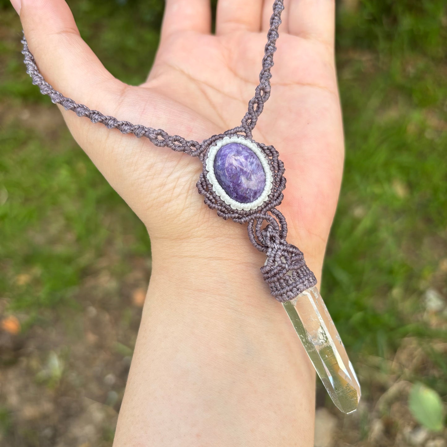 M24113-Macrame charoite and lemurian quartz point pendant