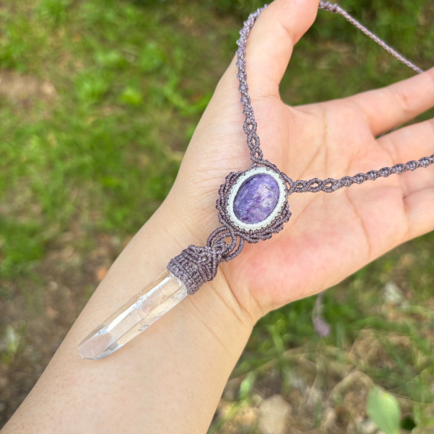 M24113-Macrame charoite and lemurian quartz point pendant