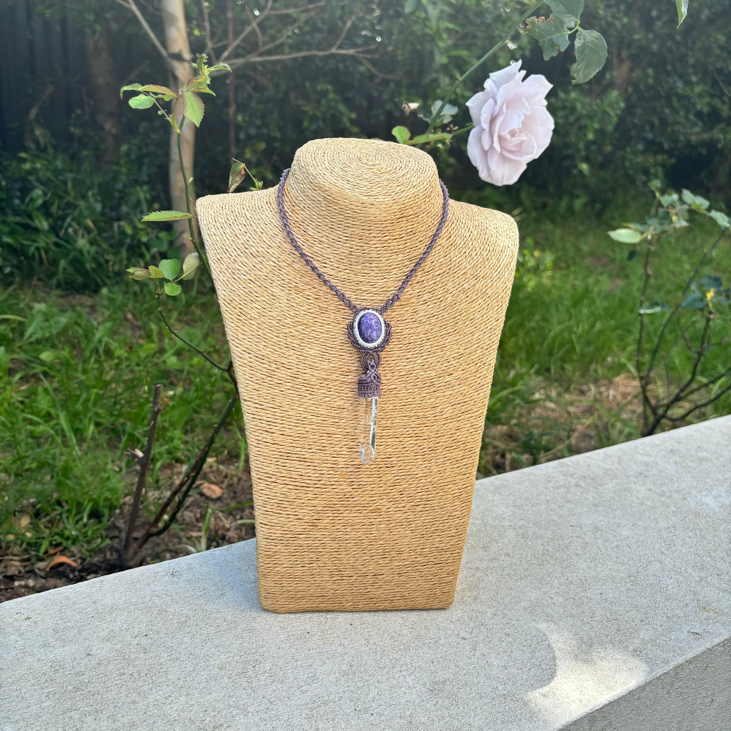 M24113-Macrame charoite and lemurian quartz point pendant