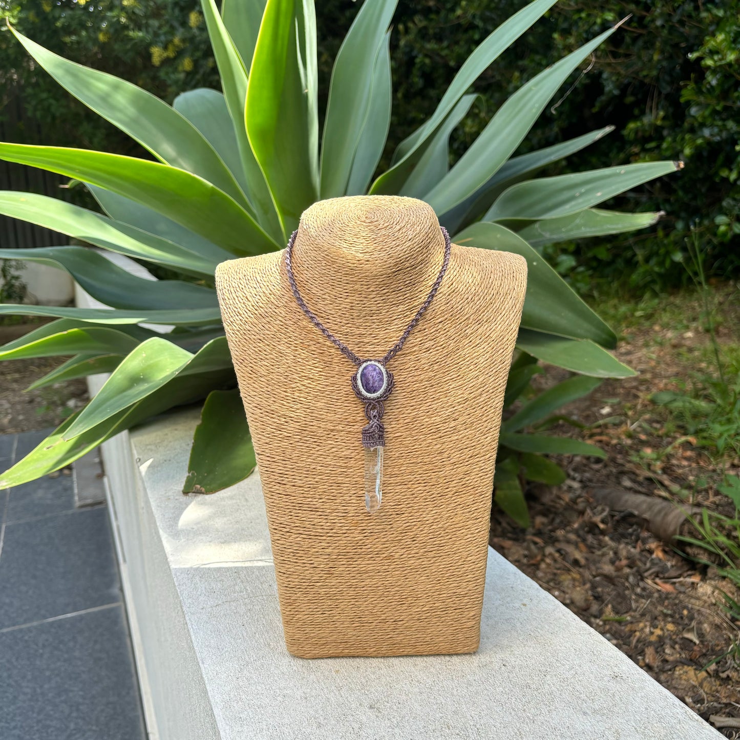 M24113-Macrame charoite and lemurian quartz point pendant