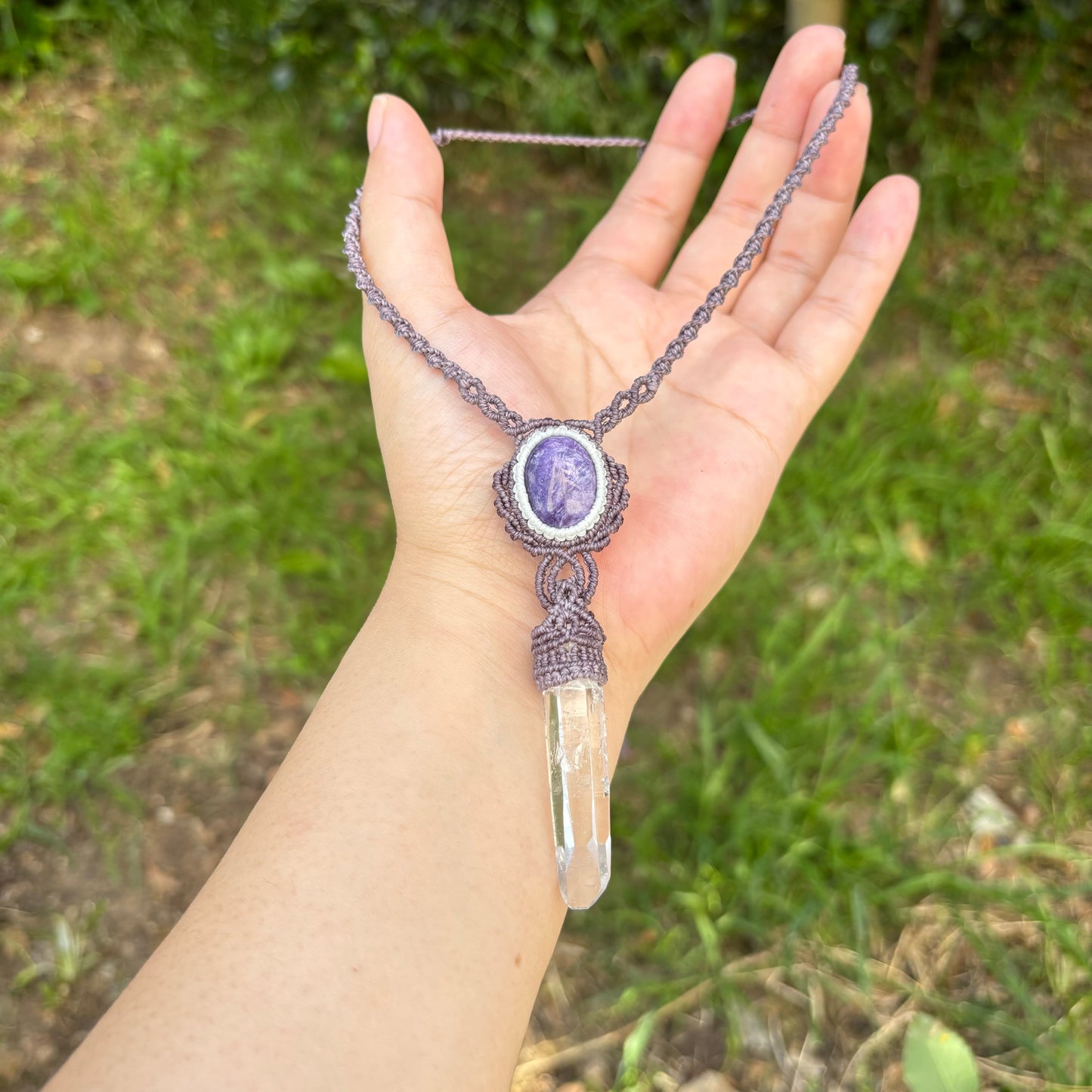 M24113-Macrame charoite and lemurian quartz point pendant