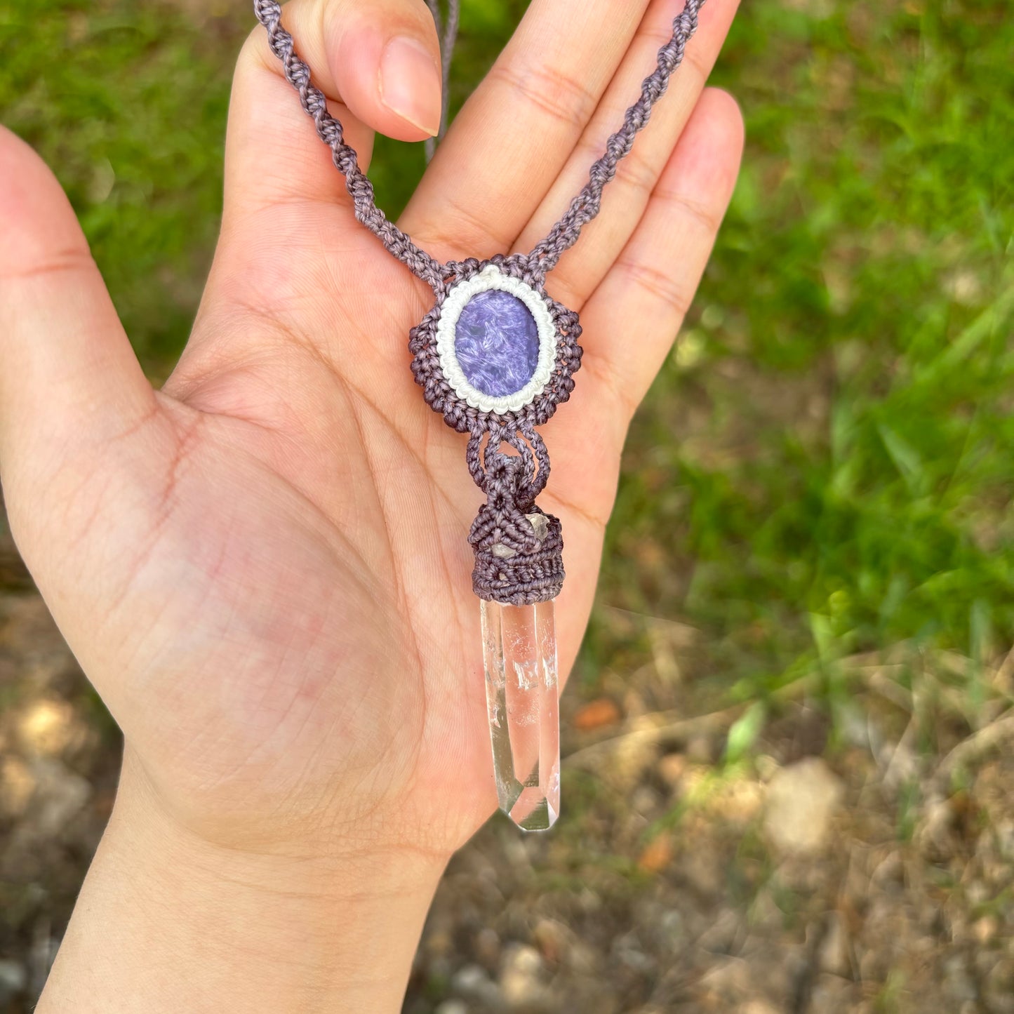 M24113-Macrame charoite and lemurian quartz point pendant